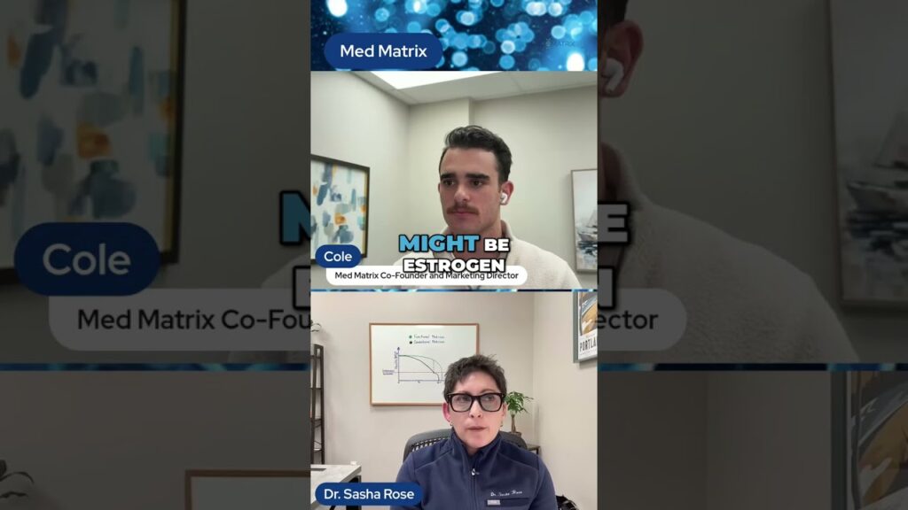 A split-screen video call shows a man labeled "Cole" at the top and a woman labeled "Dr. Sasha Rose" at the bottom, with the words "Might Be Estrogen" in the center, highlighting how estrogen affects women's weight management.