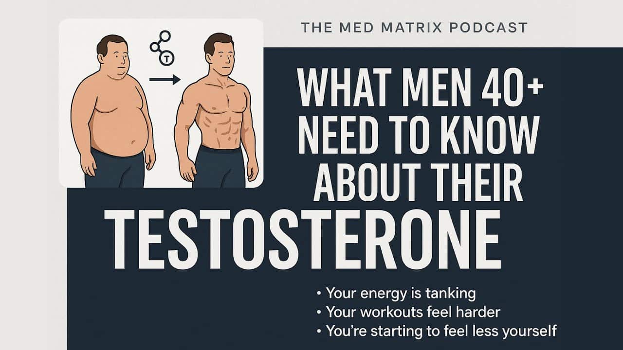 Podcast cover featuring the title "What Men 40+ Need to Know About Their Testosterone" and an illustration of an overweight man transforming into a muscular man, highlighting key insights for listeners.