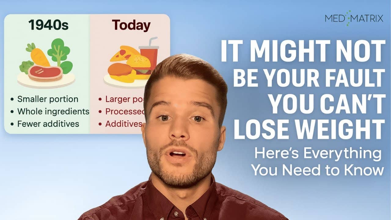 A man speaks in front of a graphic comparing 1940s meals with today's meals on a podcast, highlighting larger portions, more processed foods, and more additives today. Text reads, "It might not be your fault you can't lose weight.