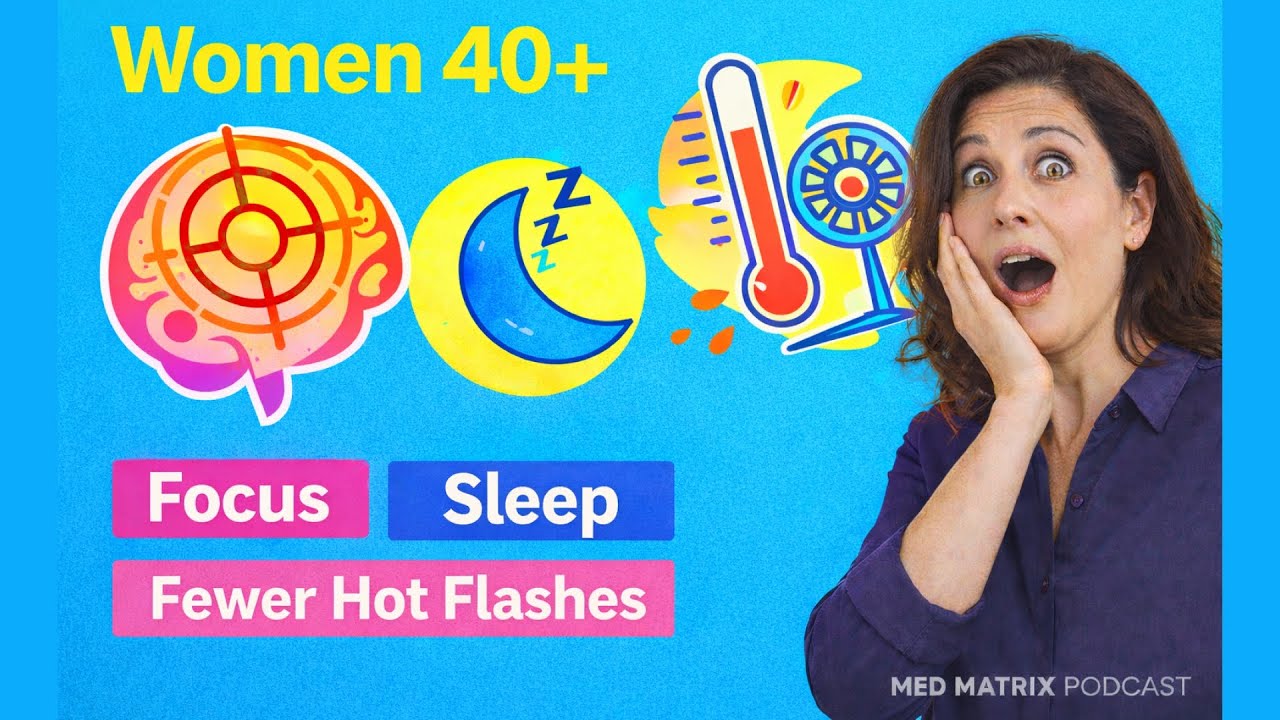 A surprised woman reacts beside illustrations of a brain, moon, and thermometer. Text reads: "Women over 40 Focus Sleep Fewer Hot Flashes." The Med Matrix Podcast logo is present.