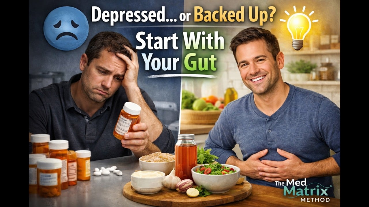Split-image of a sad man with medication on the left and a smiling man with healthy food on the right, with text promoting gut health for depression and a healthy bathroom routine.