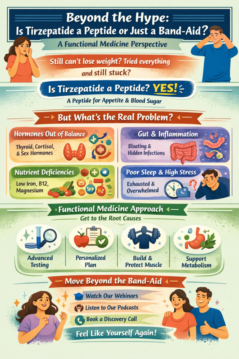 An infographic discusses Tirzepatide as a peptide for appetite and blood sugar, exploring root causes of weight issues and promoting functional medicine approaches over quick fixes.