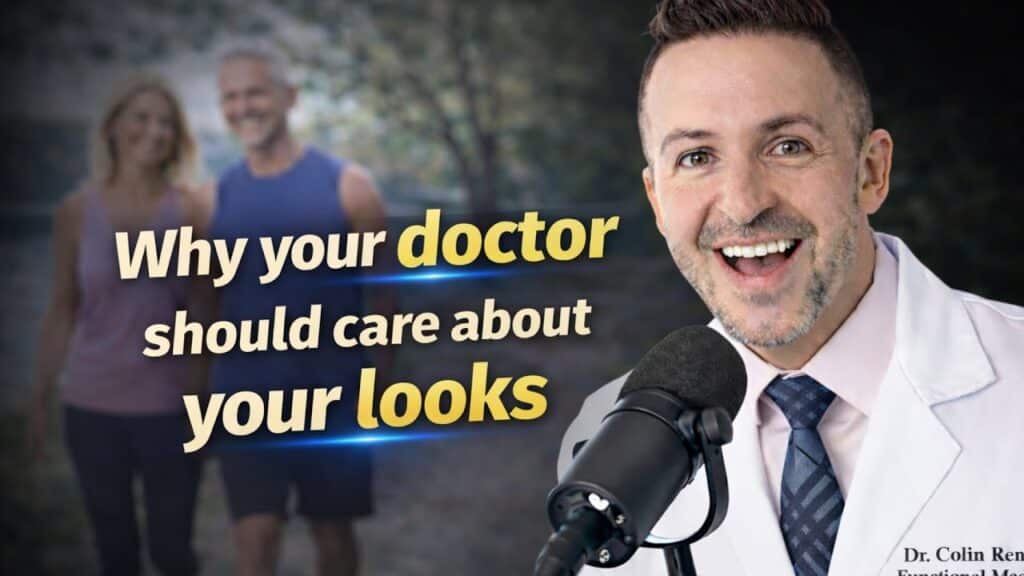 A smiling doctor speaks into a microphone; text reads, "Why your doctor should care about how to slow aging." A blurred image of a couple walking outdoors is in the background.