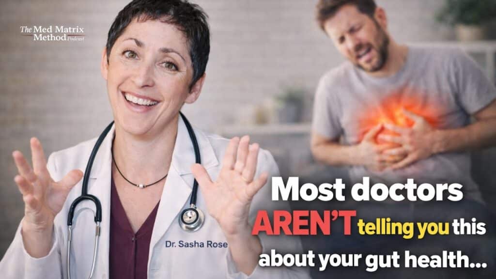 A female doctor smiles and gestures with her hands, while a man in the background clutches his stomach in pain; text discusses doctors and gut health.
