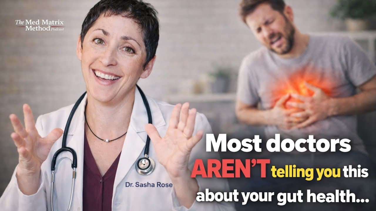 A female doctor smiles and gestures with her hands, while a man in the background clutches his stomach in pain; text discusses doctors and gut health.