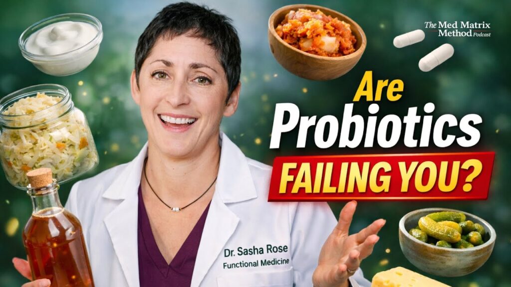 Dr. Sasha Rose smiles in a lab coat, surrounded by probiotic foods and supplements. Text reads: "Are Probiotics Failing You? Discover fixes for bloating on The Med Matrix Method Podcast.