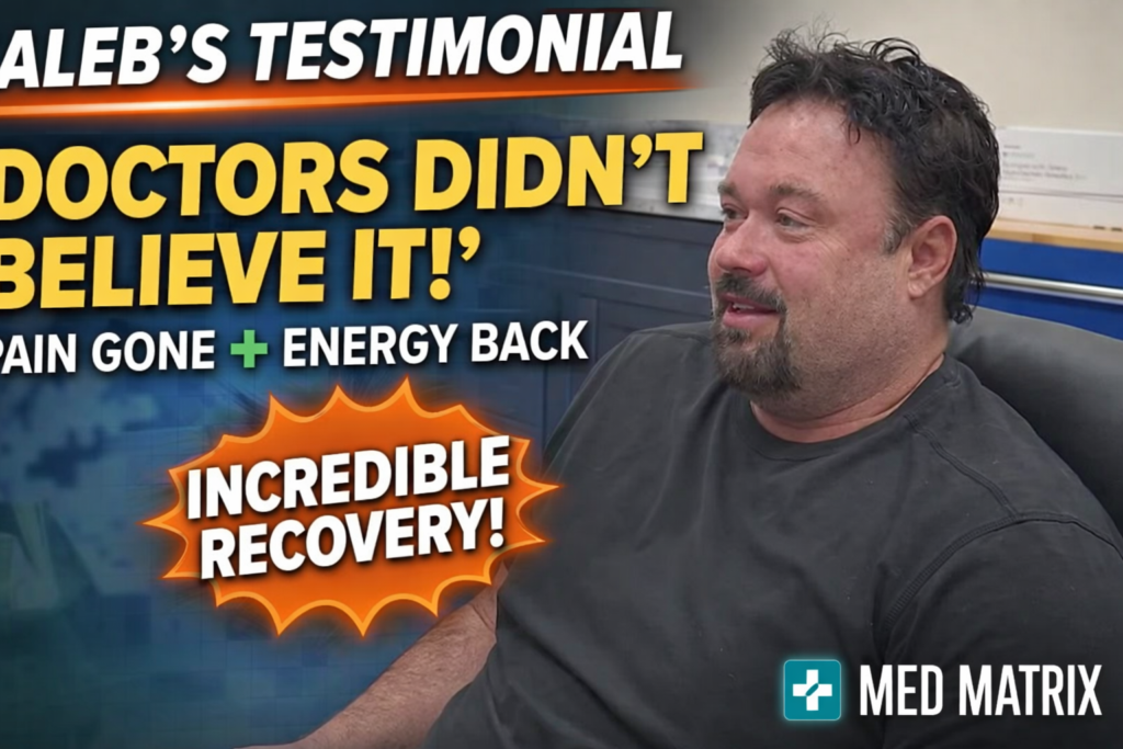 A man, Caleb, sits and smiles in an office setting. Text on the image highlights his journey of incredible recovery with pain gone and energy restored, thanks to Med Matrix.