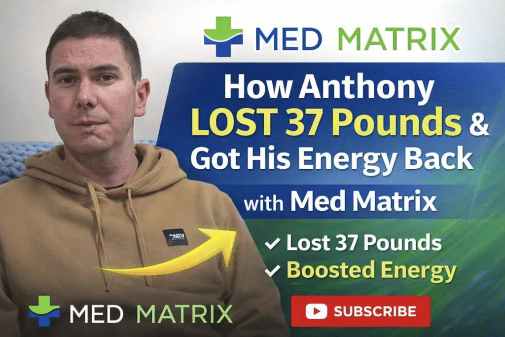 Anthony, in a brown hoodie, sits on a couch next to a graphic promoting "Med Matrix," sharing his journey of losing 37 pounds and gaining energy, with a subscribe button at the bottom.