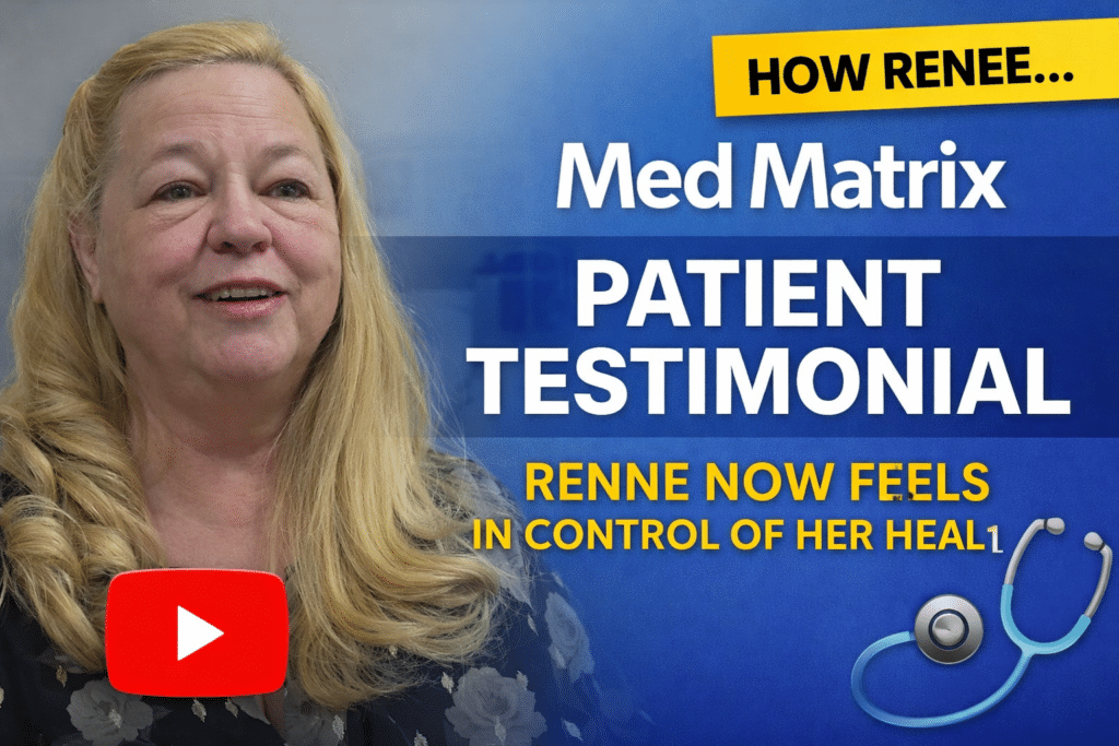 A woman smiles beside text reading "Med Matrix Patient Testimonial: Renee shares her personal experience and now feels in control of her health," with a stethoscope and YouTube play button graphic.