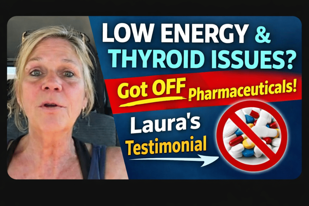 A woman sits in a car; text reads, "Low Energy &amp; Thyroid Issues? Got OFF Pharmaceuticals! Laura's Experience" with an image of crossed-out pills.