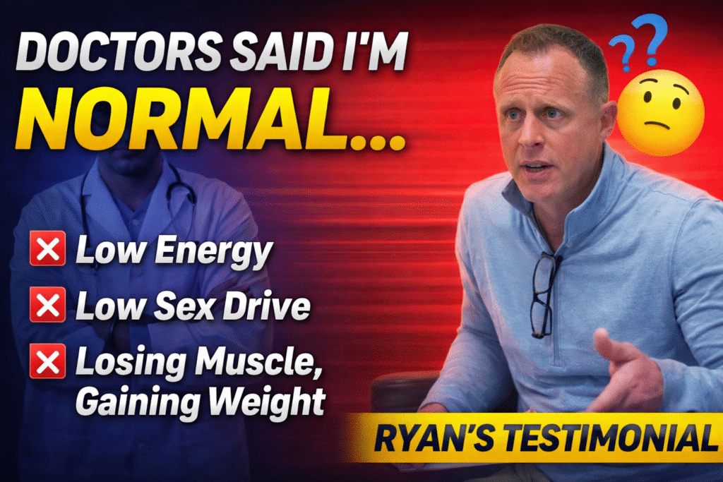 Ryan shares his journey in a light blue zip-up, speaking indoors as symptoms and "Ryan's Testimonial" appear on screen. A doctor stands blurred in the background.