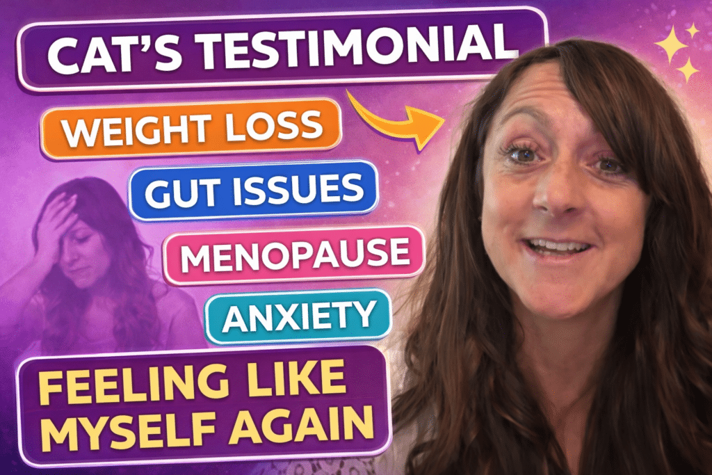 A woman smiles at the camera with text overlay listing her testimonial topics: weight loss, gut issues, menopause, anxiety, and even sharing her cat experience while feeling like herself again.