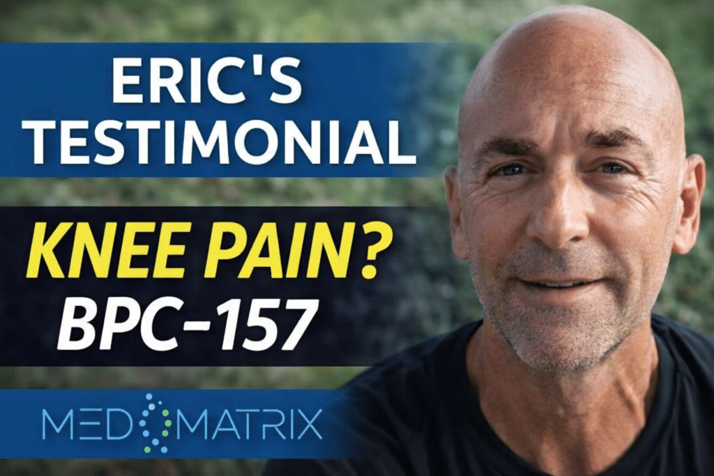 A bald man smiles at the camera next to text reading "Eric's Journey: Testimonial Knee Pain? BPC-157" and the logo "Med Matrix.