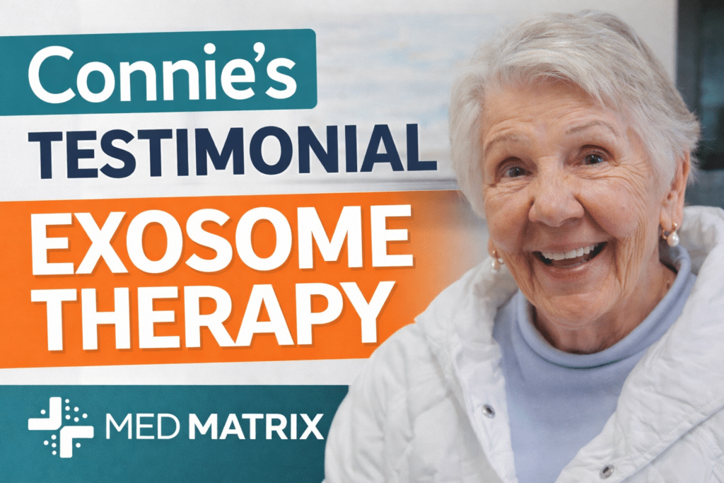 Smiling older woman next to text reading "Connie's Journey: Exosome Therapy Testimonial" with Med Matrix logo in the corner.
