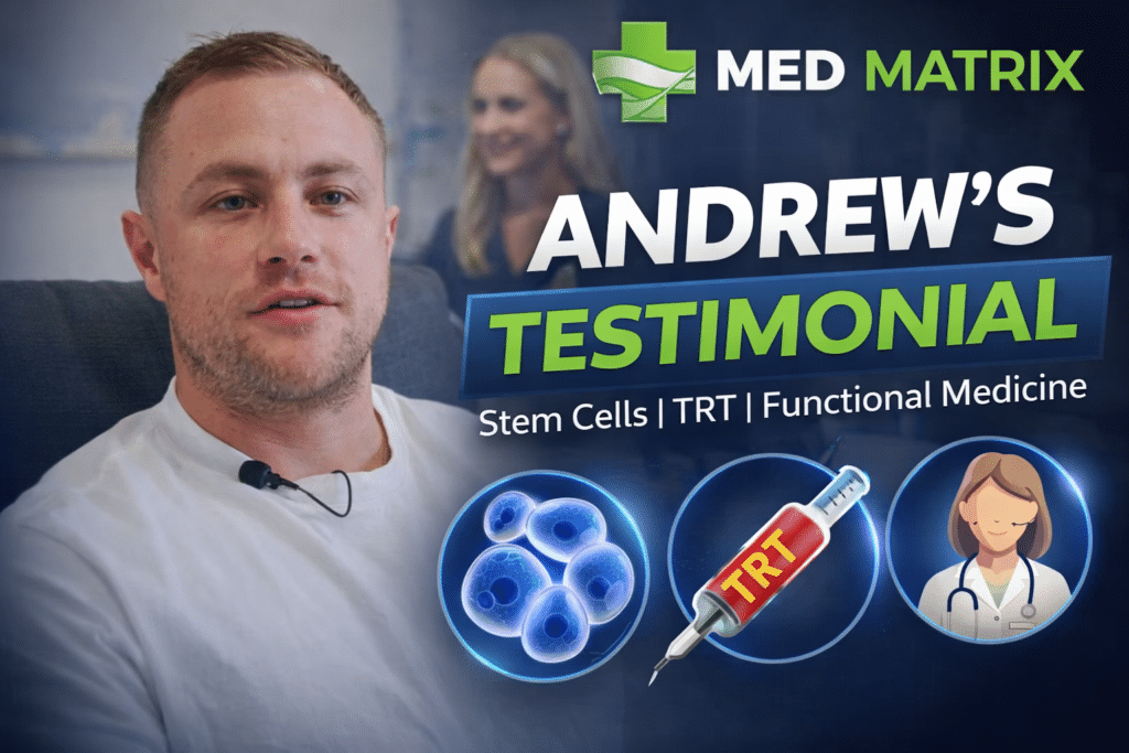 Andrew shares his experience as he sits on a couch, giving his testimonial for Med Matrix&mdash;offering stem cell therapy, TRT, and functional medicine. Medical icons appear beside the text.
