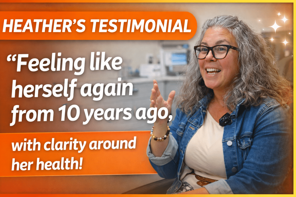 A smiling woman with gray curly hair and glasses sits and gestures beside text about regaining health and clarity through Heather&rsquo;s impactful Med Matrix testimonial.
