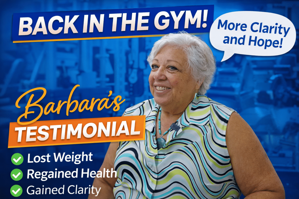 Smiling older woman, Barbra, sits in a gym; text highlights her testimonial about the changes she experienced&mdash;losing weight, regaining health, and gaining clarity after returning to the gym.
