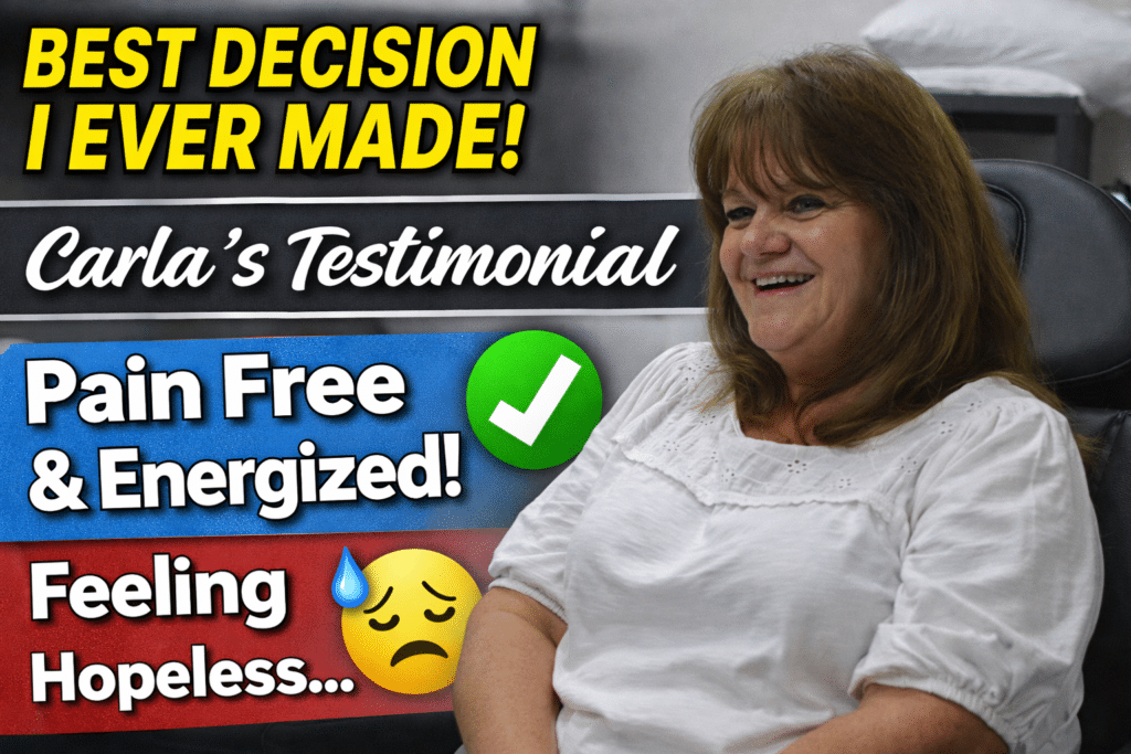 A smiling woman sits in a chair. Text includes "Best decision I ever made!", "Carla’s Testimonial", "Pain Free & Energized!" with a check mark, and "Feeling Hopeless..." with a sad emoji—showcasing the positive impact Med Matrix had on her well-being.