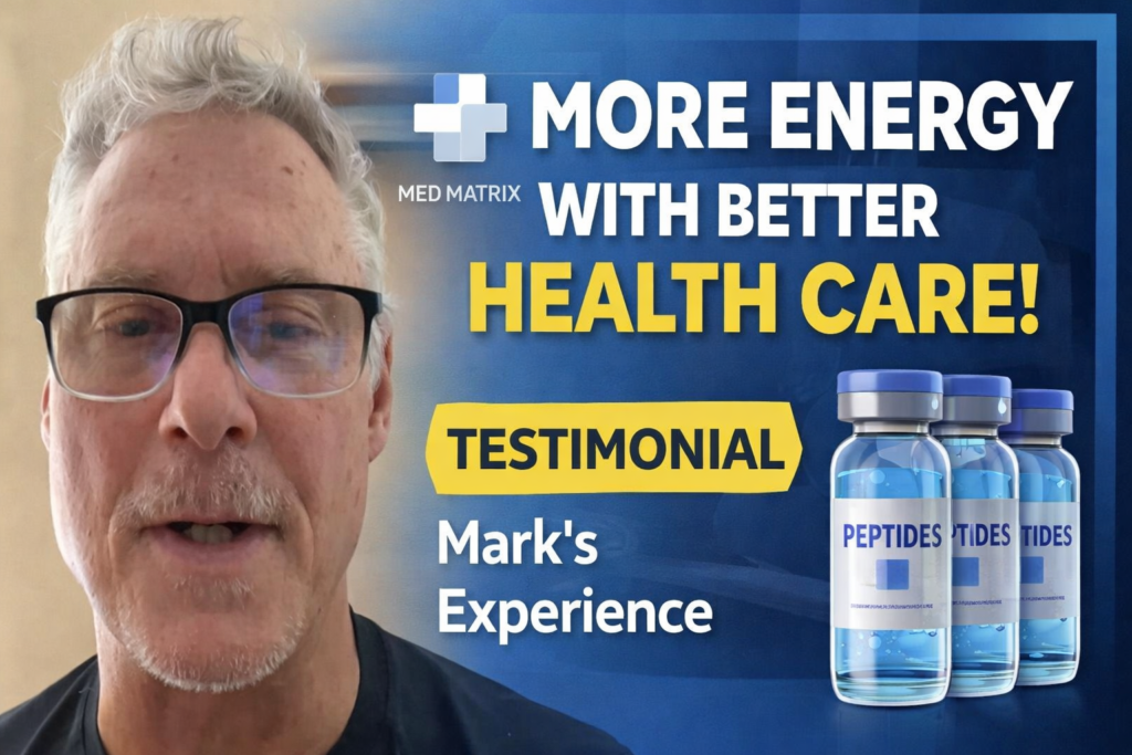 Mark opens up in a heartfelt testimonial for Med Matrix, sharing his experience of improved energy and better health care with peptides. Text highlights "Mark's Experience," alongside three vials labeled "Peptides.