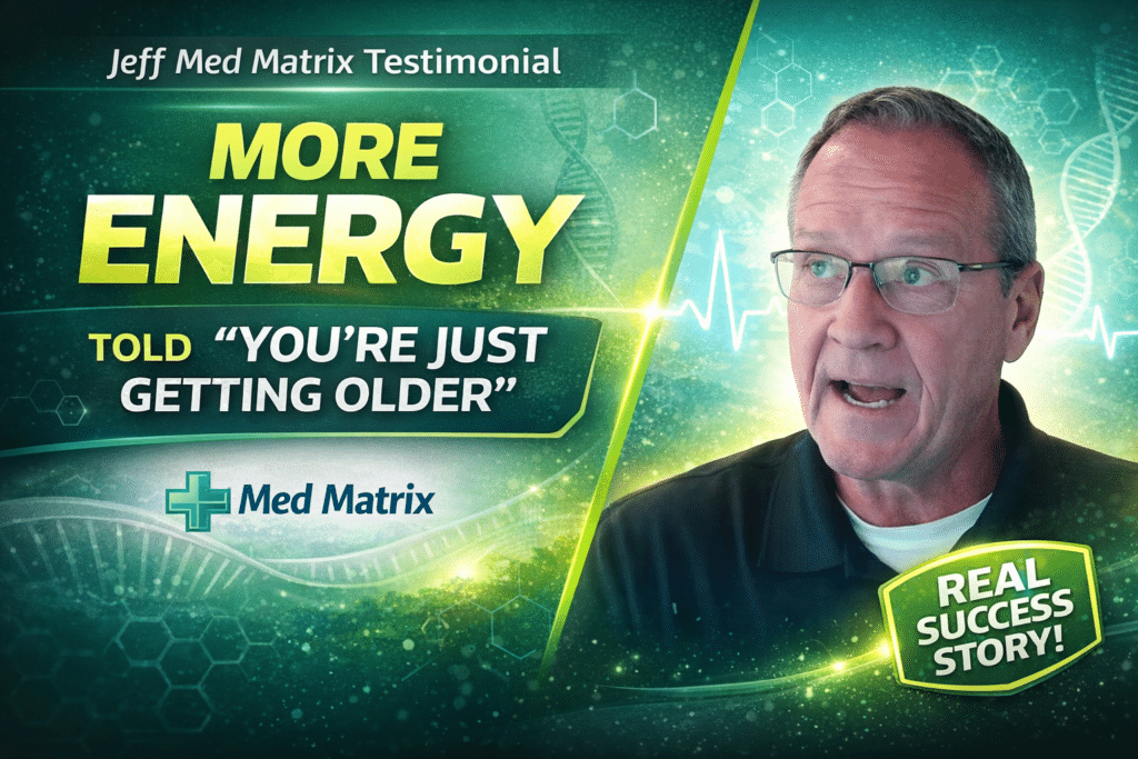 A man shares his real success story beside text like "More Energy" and "Told 'You're just getting older'," highlighting patient stories of feeling energized after always tired days in this promotional testimonial graphic.