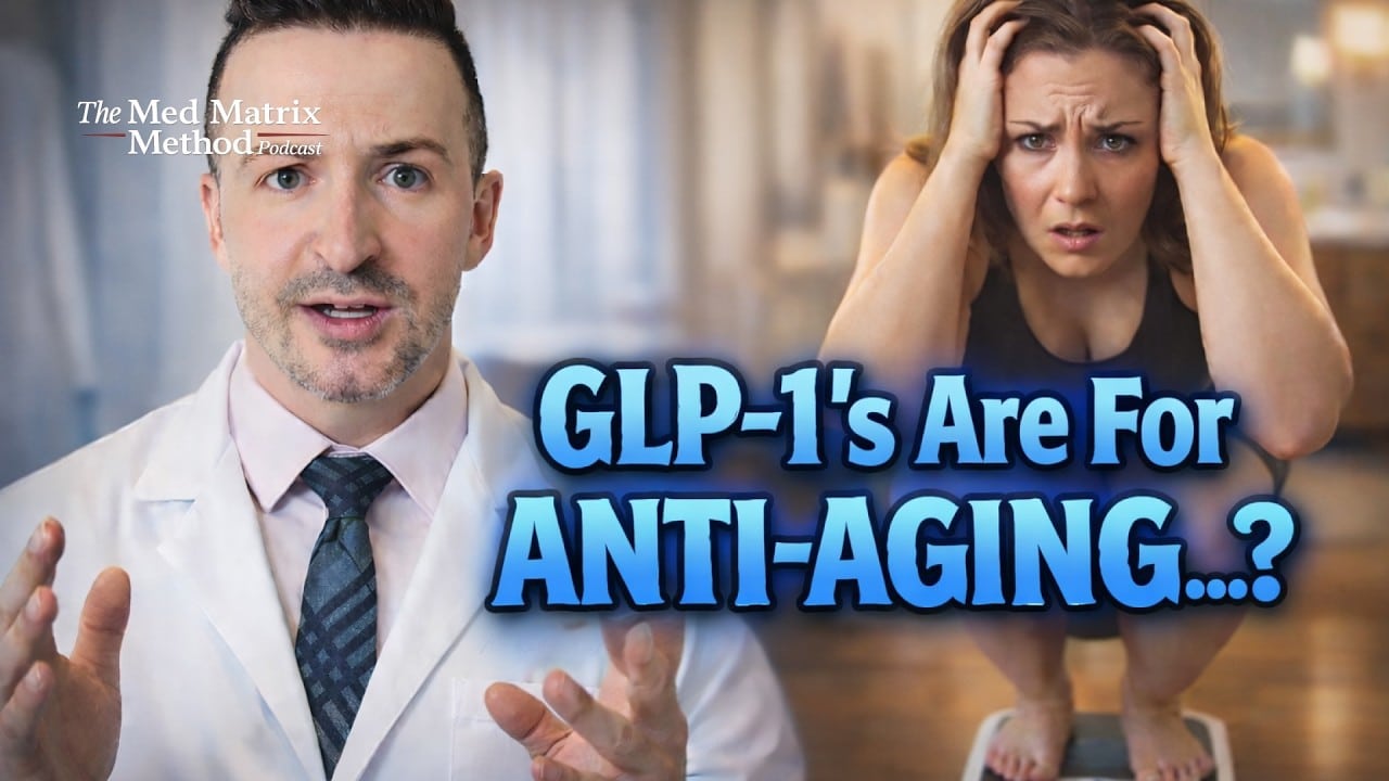 A man in a white coat speaks while a worried woman looks at a scale; text reads, "GLP-1's for weight loss and longevity...?" and "The Med Matrix Method Podcast.