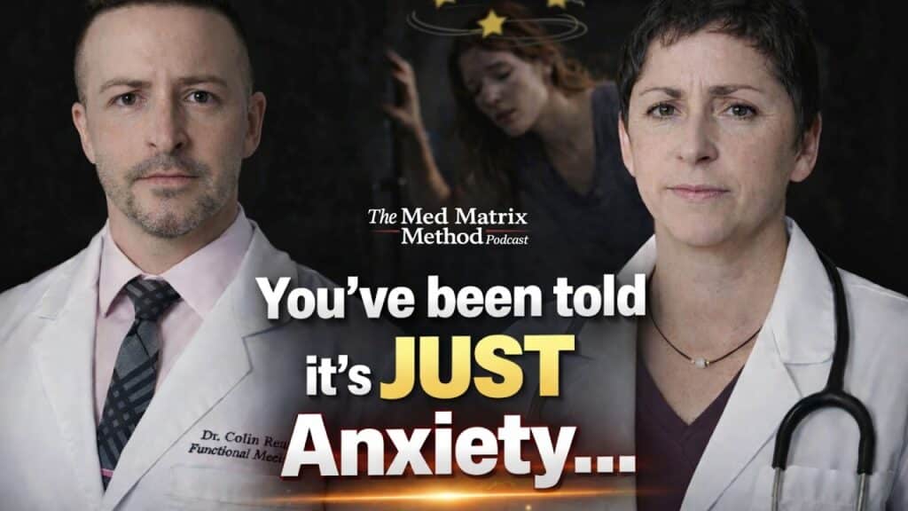 Two doctors in lab coats stand on either side of text that reads, “You’ve been told it’s JUST Anxiety…” with a faint image of a distressed woman in the background, hinting at symptoms like heart racing or feeling dizzy.