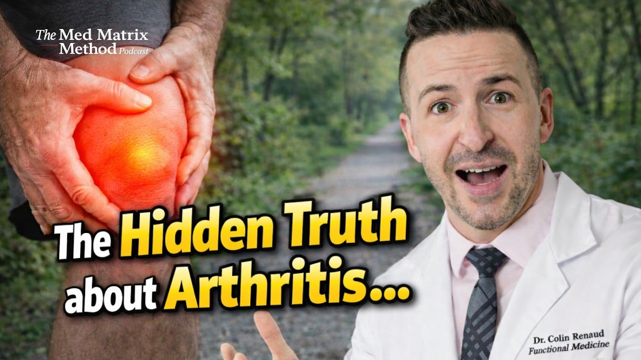 A man holds his painful knee, while a doctor in a white coat gestures beside text that reads, "The Hidden Truth about Arthritis Treatment..." on a wooded path background.