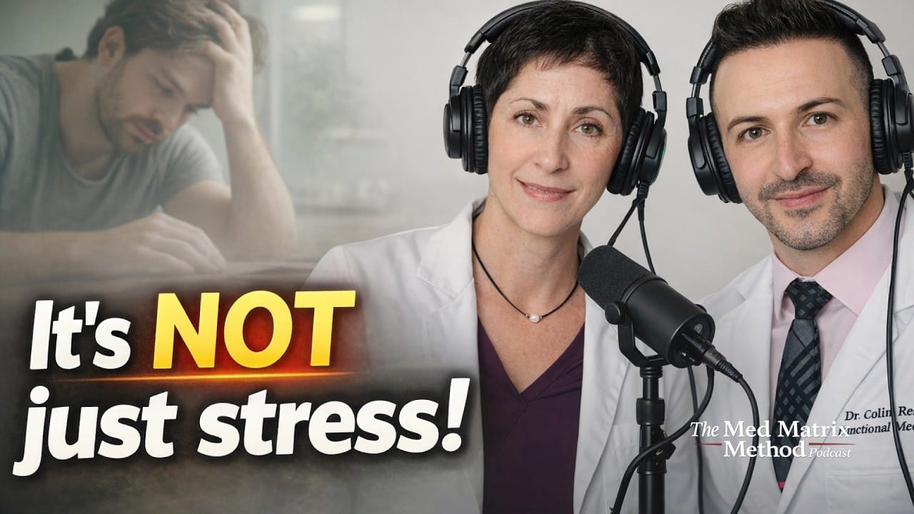 Two doctors wearing headphones speak into a microphone. Text reads, "It's NOT just stress!" with a distressed man in the background.