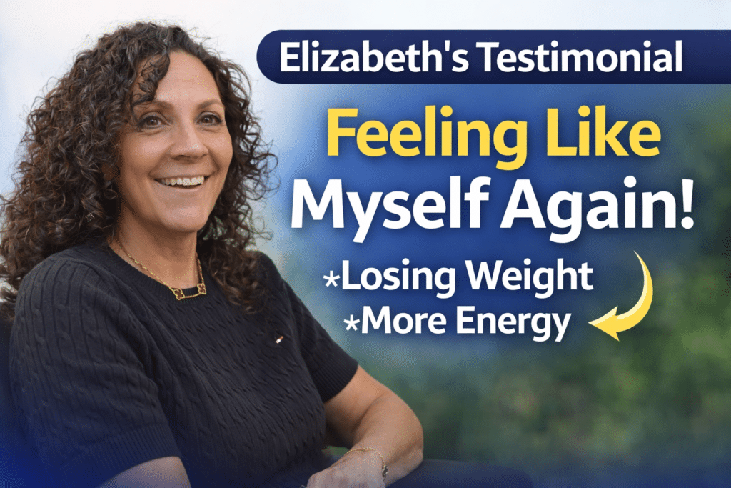 Elizabeth shares her story: A woman with curly hair smiles while sitting outdoors. Text reads: "Elizabeth's Testimonial: Feeling Like Myself Again! Losing Weight, More Energy.