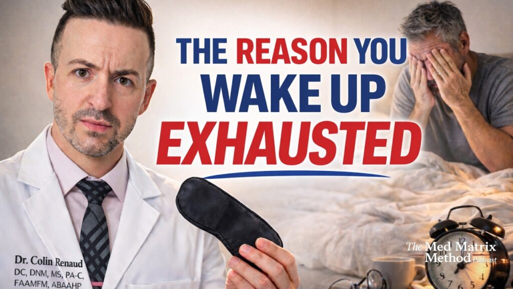 A doctor holds a sleep mask while a tired man sits on a bed; text reads “The reason you wake up exhausted.” Alarm clock and glasses are on the bedside table, highlighting the importance of deep sleep for real recovery.