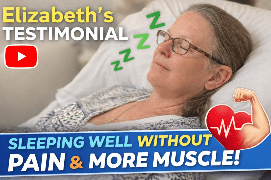 An older woman sleeps peacefully in bed. Text reads: "Elizabeth&rsquo;s Med Matrix journey," "Sleeping well without pain &amp; more muscle!" with icons of a YouTube logo and a flexing arm with a heart.