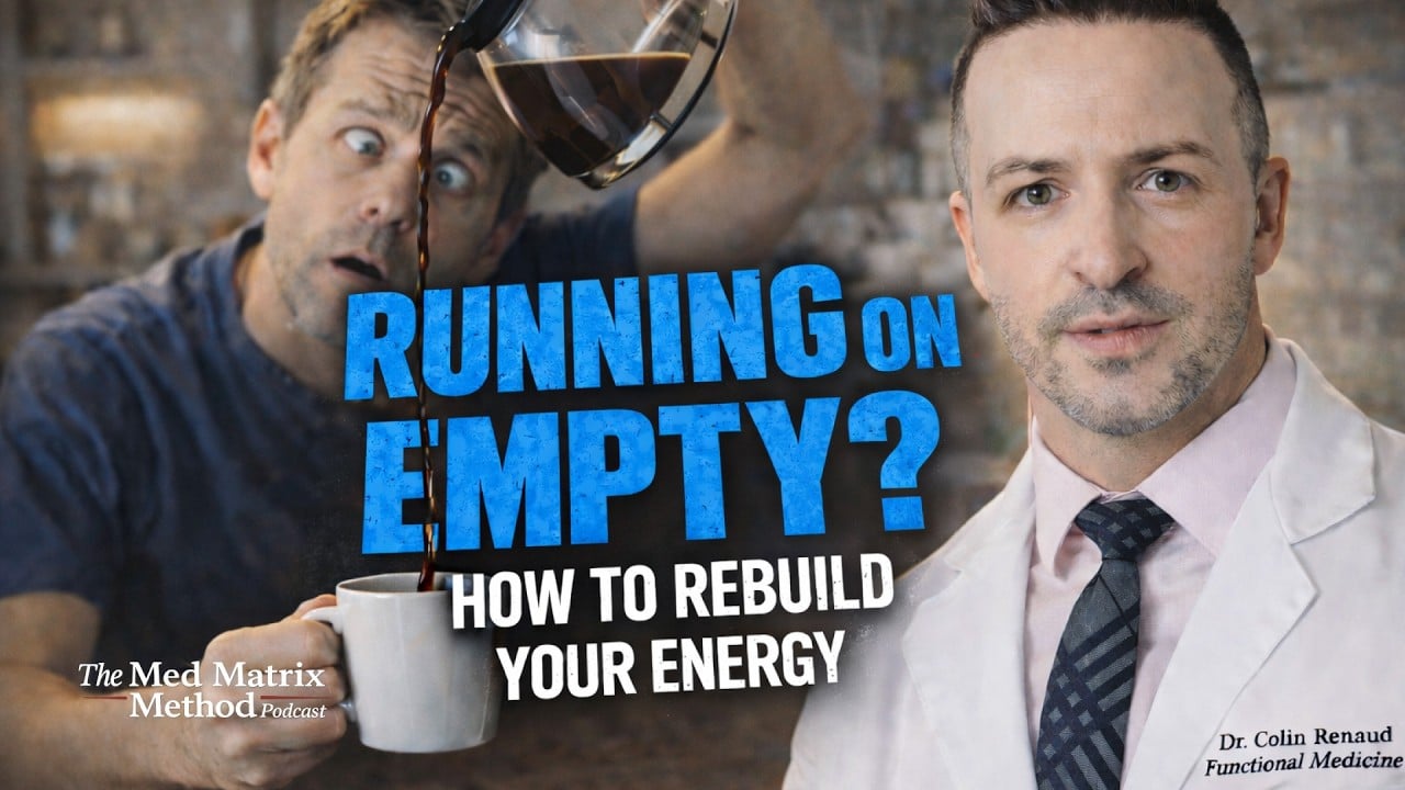 A man in a bathrobe spills coffee while looking fatigued; a doctor in a white coat stands beside text that reads, "Running on empty? How to rebuild your energy.