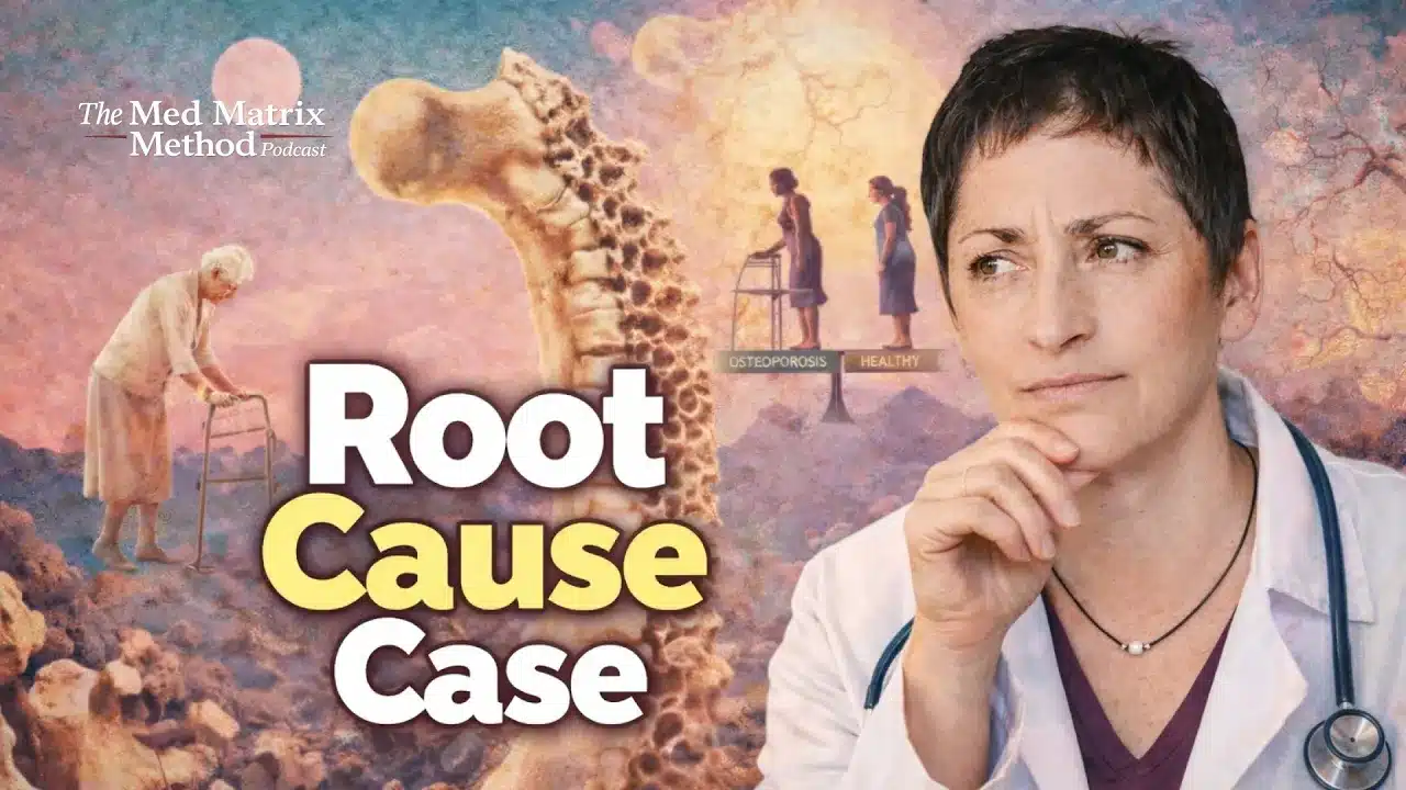 A doctor in a white coat looks thoughtful beside a large illustrated spine; elderly women with walkers appear in the background, highlighting bone density concerns. Text reads "Root Cause Case" and "The Med Matrix Method Podcast.