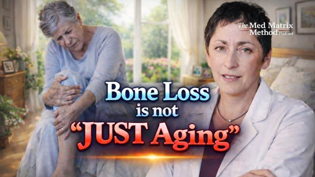 An older woman holds her knee in pain while another woman looks at the camera; text reads "Bone Loss is not JUST Aging—osteoporosis requires the right approach.