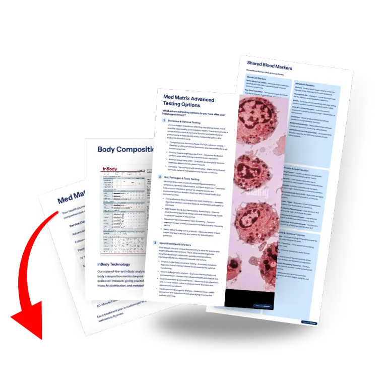 A stack of medical report pages, including text, charts, and cell images, with a red arrow pointing to them on a black background&mdash;ideal for a Functional Medicine or wellness clinic south portland presentation.