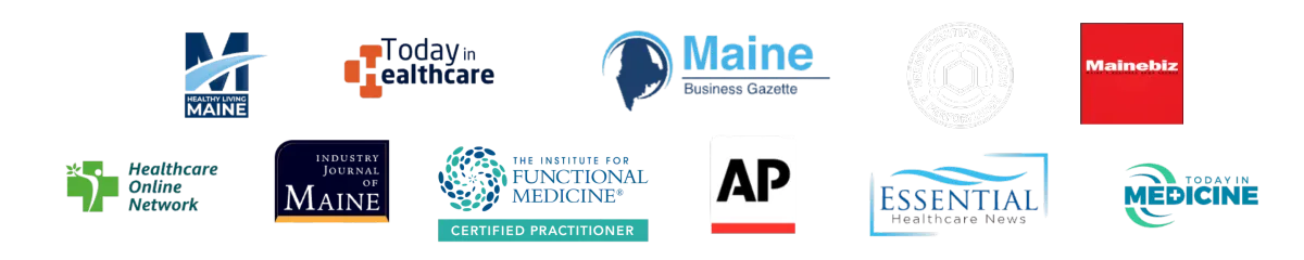 A row of twelve logos from various organizations, including Maine, Bangor Daily News, Healthcare Online Network, a wellness clinic South Portland, International Journal of Functional Medicine, and Associated Press.